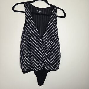 Bebe Black and White Striped Sleeveless Bodysuit
